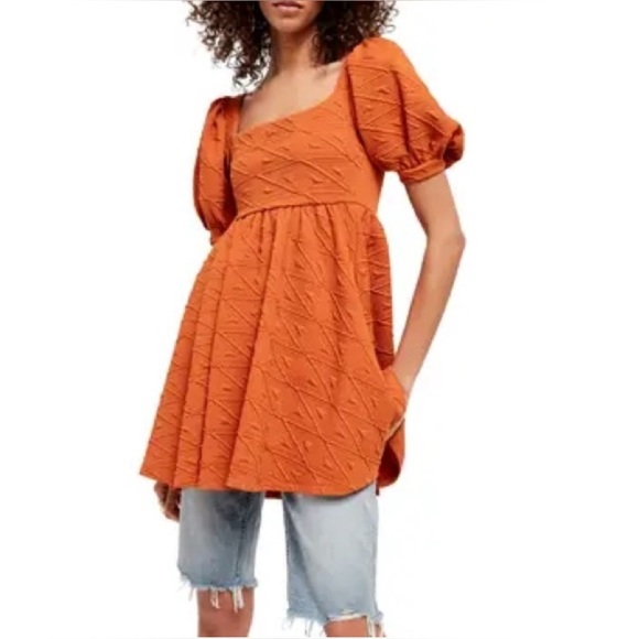 FREE PEOPLE Babydoll SUNSET Sz Large Back Cut Out Bow PUFF Sleeves A-line Dress - Picture 3 of 16